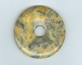 Yellow Agate Donut, 50mm Yellow and Gray Crazy Lace Agate Gemstone PI Donut Pendant 813
