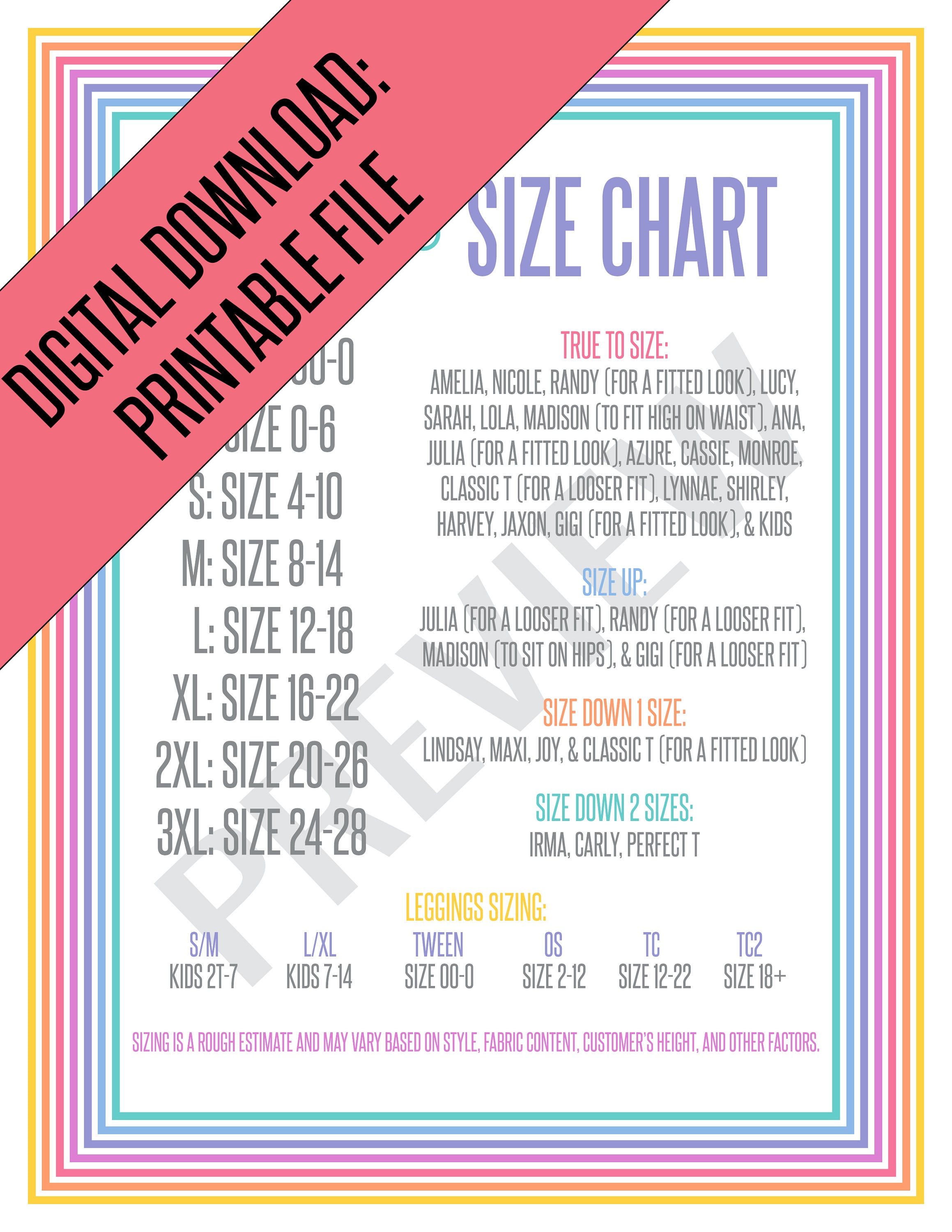 Size Chart Llr