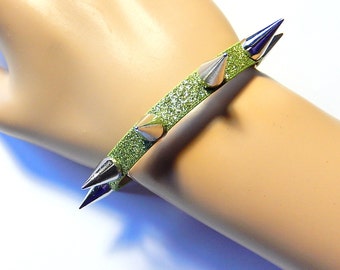 Green Spike Bracelet, Pastel Goth, Spiked Glitter Faux Leather Cuff, Studded Jewelry
