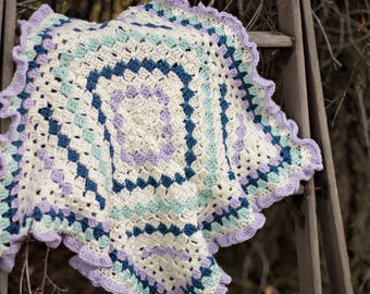 Blue, cream and lavender baby blanket. Crocheted baby blanket. Baby afghan.