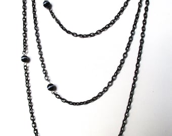 Victorian 56-Inch Gunmetal Chain With (10) Banded-Agate Bead Stations