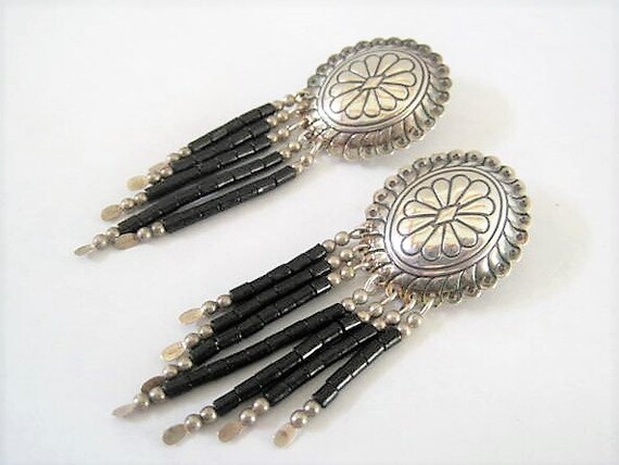 Native American Concho Earrings, Sterling Bead Dangles, 70's Boho Drop Pierced