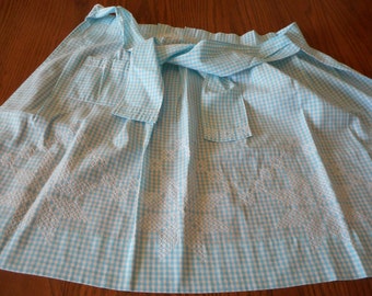 Retro, Handmade Robin Egg Blue Gingham Apron with Chicken Scratch Embroidery - Star pattern
