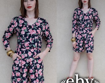 Vintage 90s Black Floral Shorts Suit Outfit S M Matching Set Floral Two Piece Set Two Piece Outfit Two Piece Suit Separates