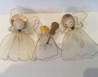 Vintage Mini Christmas Angels Ornaments - Set of 3 - Shabby Chic - Cottage Chic - Feather Tree decor - Christmas Decor