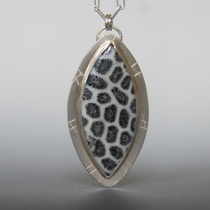 Black Fossil Fossilized Coral Pendant, metalwork, sterling silver pendant, stamped jewelry