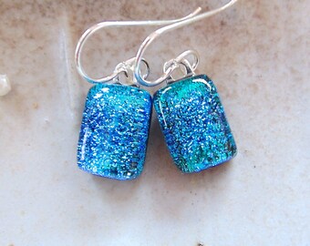 Light Blue Earrings, Blue, Petite, Dichroic Glass Earrings, Fused Glass Jewelry, Dangle, Sterling Silver, A8