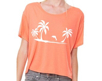 Oversized crop top with print summer shirt with palm trees festival tee coral orange white S M L/XL