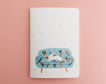 Bunny on the Couch Notebook - Illustrated Journal - Handbound Sketchbook - Blank pages - Lined pages