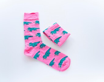 Dinosaur Socks, Triceratops Socks, Mens Socks, Funny Socks, Cozy Socks, Cute Socks, Novelty Socks, Dress Socks, Pink Socks, Gift for Him