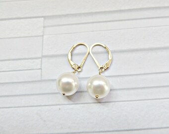 White pearl earrings, Gold lever back earrings, Pearl lever backs, Gold filled pearl earrings, White Swarovski pearl earrings, Made in UK