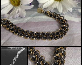 Intricate One of a Kind Chainmaille Bracelet in black and gold/ magnetic closure for easy on and off