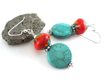 Southwestern Dangle Earrings - Lampwork Glass Earrings - Howlite Gemstone Earrings - Turquoise Earrings - Sterling Silver - SRAJD