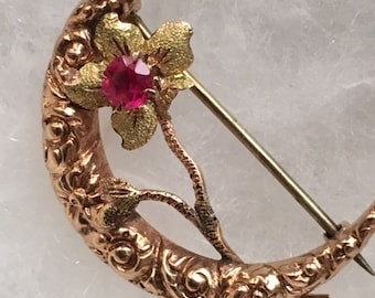 Crescent Moon Brooch 14k Rose Gold & Green Gold Honeymoon Pin 1" long