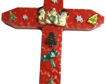 Red with Joyful Snowmen Cross