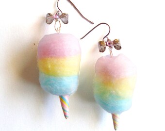 Rainbow Cotton Candy Earrings Carnival Cotton Candy Earrings Kawaii Jewelry Mini Food Jewelry Kitschy Pin Up Earrings