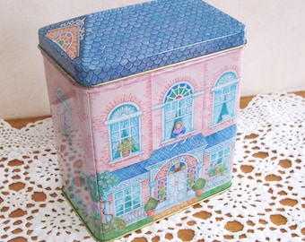 Vintage Hallmark Note Card Tea Postcard Lithographed style Tin, 1995 Victorian House Decorative Collector Tin, Craft Storage Canister