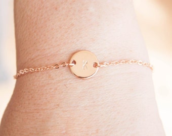 Rose gold initial bracelet, coin bracelet, disk bracelet, Wedding favor, bridesmaids gift, mothersday present, babyshower present