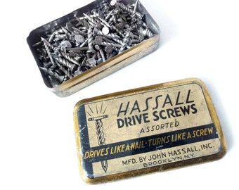 John Hassall Assorted Drive Screws Old Tin Box 1927 Drives Like a Nail Turns Like a Screw 1920's Hardware Tin Box of Nails