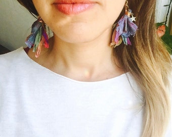 Tassel earrings. Tassel jewelry. Sari Silk earrings. Boho earrings, multicolor earrings, rainbow earrings, Boho Chic, festival star earrings