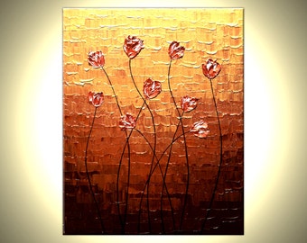 Red Tulips Painting Original Impasto Palette Knife Red Flowers Painting Textured Blossom Art by Lafferty, 16X20 - FREE SHIPPING Sale