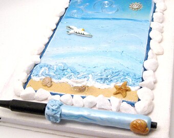 SALE Ocean Beach Scene Polymer Clay Decorated Notebook and Pen Set / Decorated Journal & Pen Set - Sand Sun Sea Gull Shell Foot Print Waves