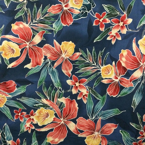 Cotton Fabric / Tropical Fabric / Blue Floral Fabric / Floral Fabric ...