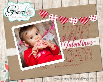 Valentine Photo Card, Happy Valentine's Day, Brown & Red wih hear bunting Valentine's Day Card