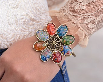 Millefiori Glass Flower Cuff Bracelet, Murano Glass, Rainbow Bracelet, Festival Jewelry, Millefiori Jewelry, 60s Retro Boho Bracelet BR524