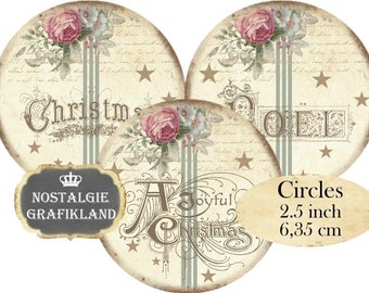 Christmas Noel Words Shabby Chic Wishes Greetings Instant Download digital collage sheet C113 Circles 2.5 inch