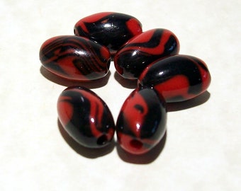 NOW ON SALE Handmade Polymer Clay Beads Marbled Ovals in Black and Red