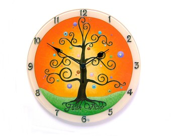 Personalized Tree of Life Clock with Names, Silent Large Wall Clock Unique Orange and Green Tree Wall Decor, Gift for Couple, Infinity Tree