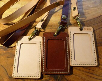 Leather ID holder / ID lanyard / ID badge / id pass holder / name card holder, hand stitched, 2 id windows, free monogram