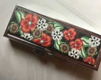 Pill Box, Polymer Clay Enhanced, Black and Orange