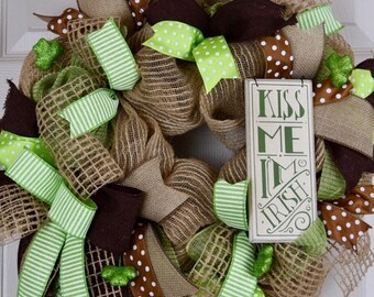 20% ANNIVERSARY SALE St. Patrick's Day Jute and Burlap Mesh Wreath with Glitter Shamrocks; Kiss Me I'm Irish; Irish Decor; Green Brown & Bei