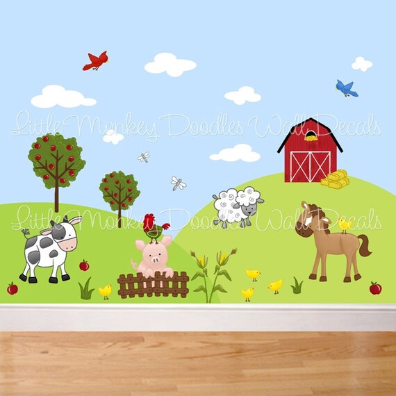 Fabric WALL DECALS Farm Animal Barnyard Mural Set Girls Boys