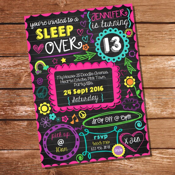 neon sleepover invitation tween girls sleep over party girl slumber party invitations