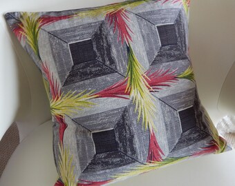 Tropical Barkcloth Pillow Cover "Sizzle" 1940's South Beach Chartruse & Charcoal
