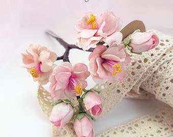 Wedding accessory for hair - cold porcelain cherry blossom branch - modeled and painted by hand.