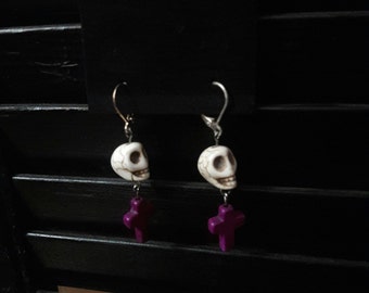 Purple Cross with White Skull Earrings