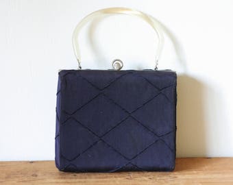 Vintage Navy Blue Box Purse with Lucite Handle / Dark Blue 1950s Handbag / Vintage Pocketbook 070917-21