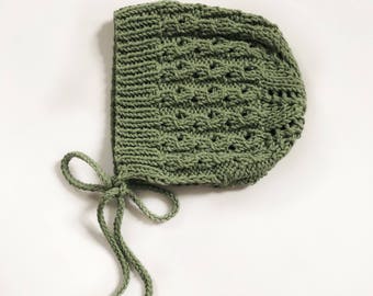 Olive Green Spring Melody Bonnet / 100% Cotton Baby Bonnet / Handknit Baby Bonnet