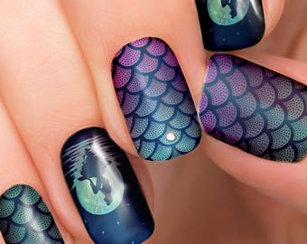 Ariel Mermaid Moon Disney nail transfers - illustrated nail art decals - little mermaid, Princess, Ariel - Disney nail stickers Wraps