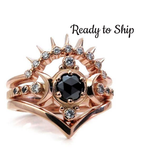 Ready to Ship Size 6-8 Black and White Diamond Moon Goddess Engagement Ring Set with Sunray and Chevron Wedding Bands - 14k Rose Gold