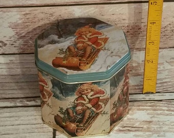 Vintage Christmas Tin, Octagonal Tin, Victorian Girl Sledding, Vintage Storage, Blue, Snow, Christmas Decoration