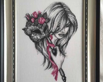 Handmade framed Gobelin/ needlepoint Woman with mask