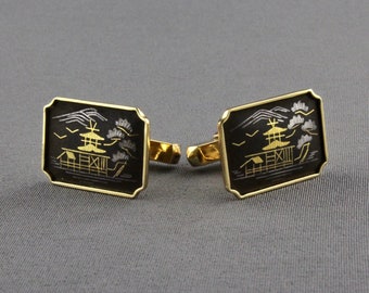 Vintage Japanese Damascene Mount Fuji And Pagoda Cufflinks By Amita