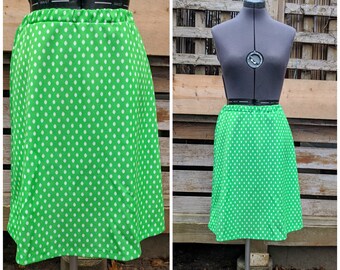 Vintage 1970's Green Polka Dot Knee Length A-line Skirt 100% Fortrel Polyester