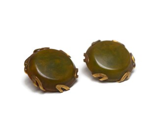 Bakelite Clip Earrings, Olive Pea Soup Bakelite and Brass Button Earrings, Bakelite Jewelry