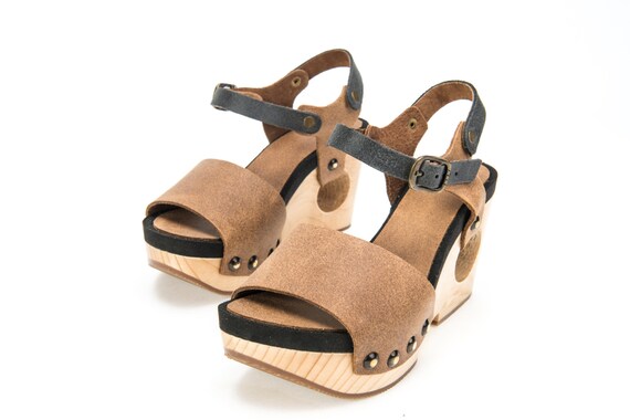 Brown Leather Platform Sandals / Women High heels Shoes / Grey